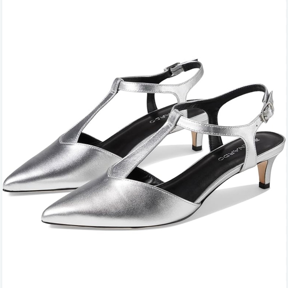NWOT Bernardo Malta slingback kitten heels Elegant Silver T-Strap Heels pumps